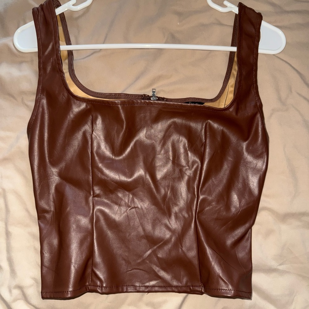 Brown Faux Leather Tank crop